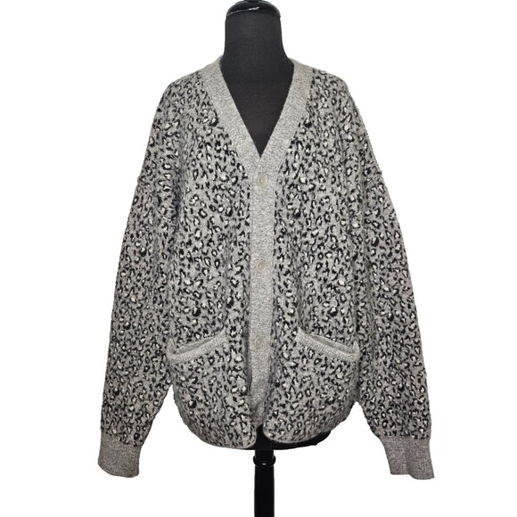OVADIA NY Moses Oversized Cardigan Mens M Gray Leopard Merino Wool Alpaca Blend - Picture 1 of 9